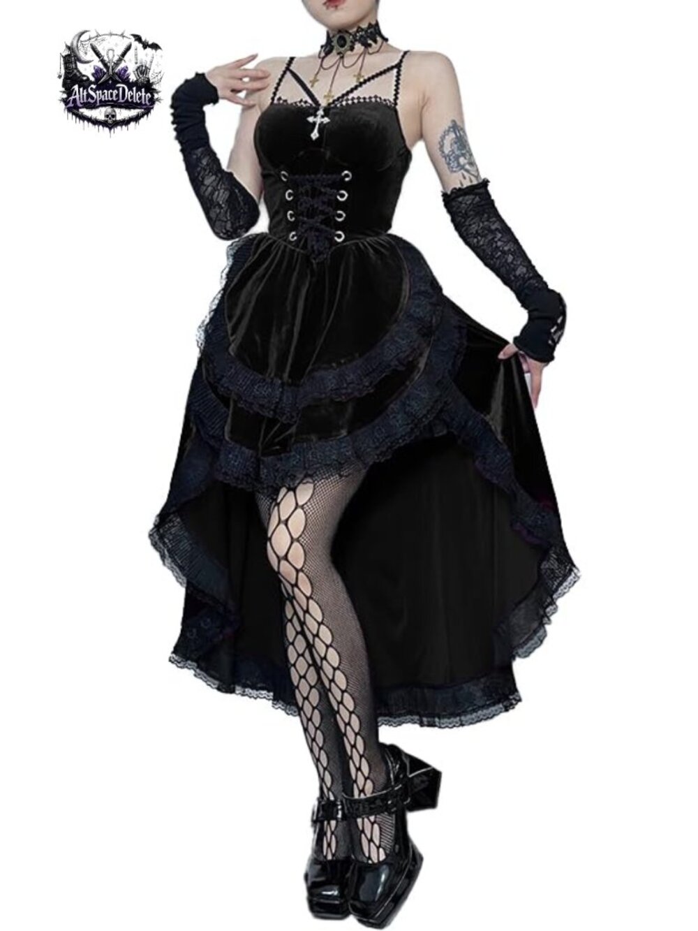 Gothic Velvet Lace Patchwork Halter Dress with Suspenders Steampunk Renaissance